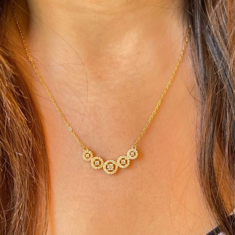 Five round zircon stones silver necklace gold plated