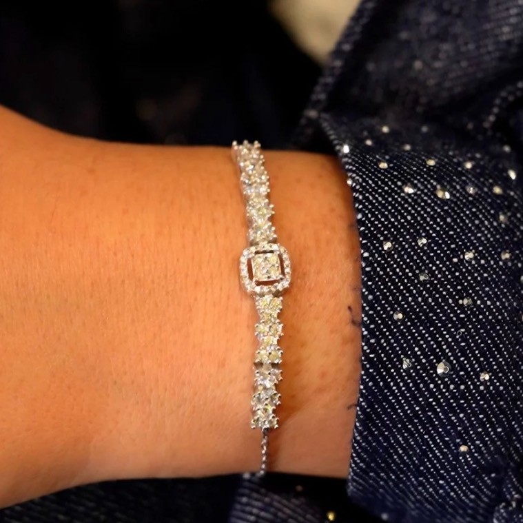 Square silver bracelet with side zircon. stones gold plated