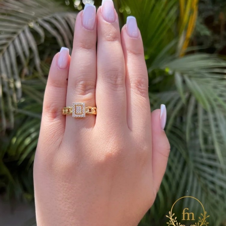 Square stone braided silver ring gold plated free size