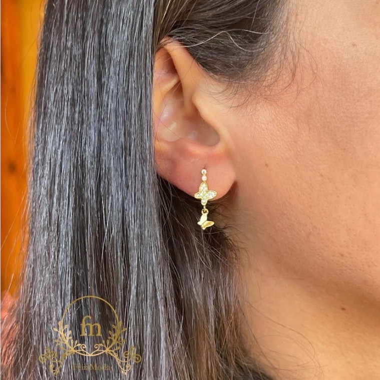 Dangling butterflies silver earrings gold plated with zircon stones