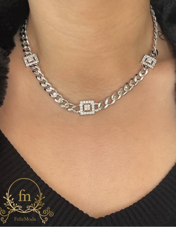 Three squares braided silver tennis necklace