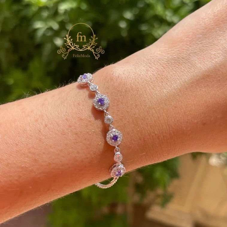 Four purple stones silver bracelet