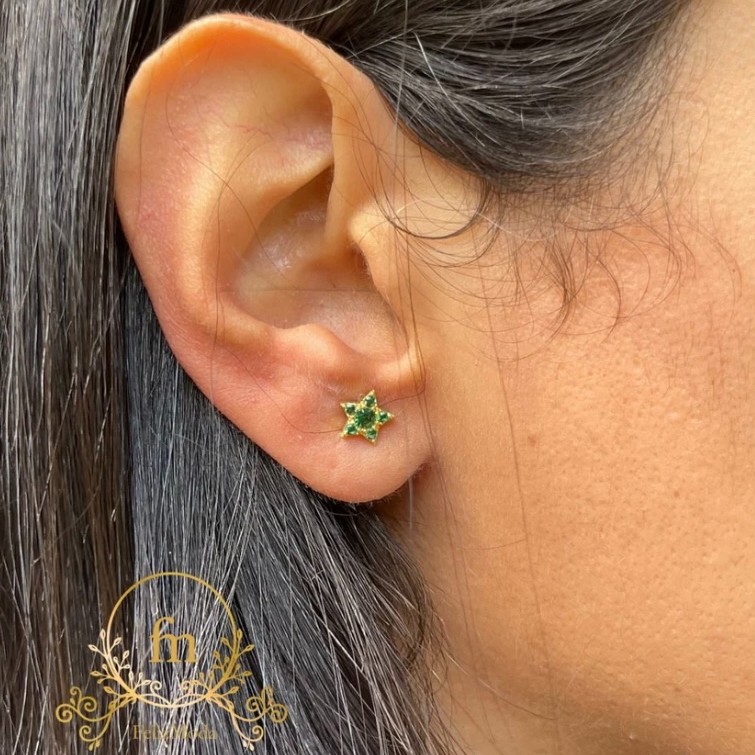 Green star silver earrings gold plated