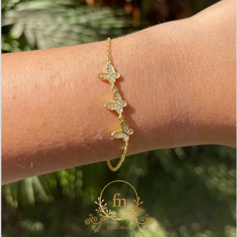Three butterflies silver bracelet gold plated with zircon stones