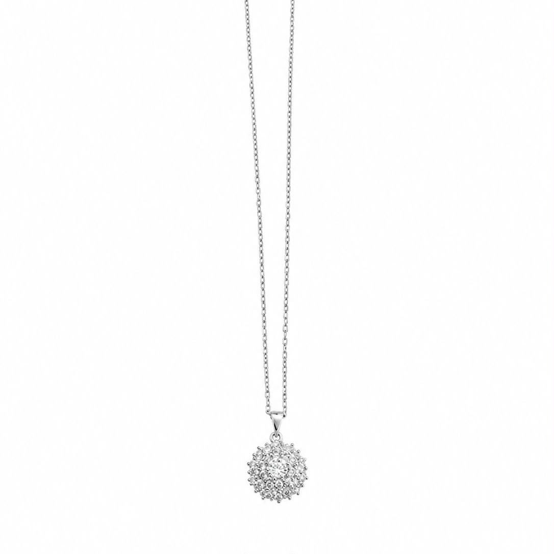 Shiny stones round pendant silver necklace