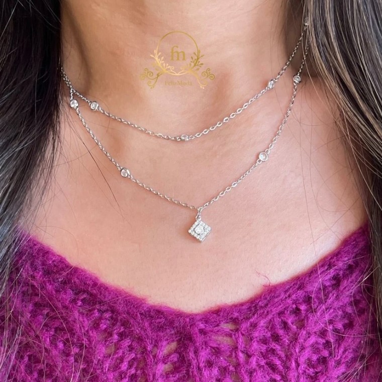 Doublez layered silver necklace with square pendant and side stones