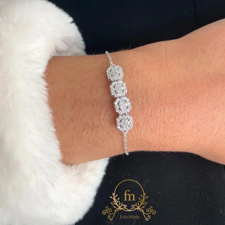 Four square zircon stones silver bracelet