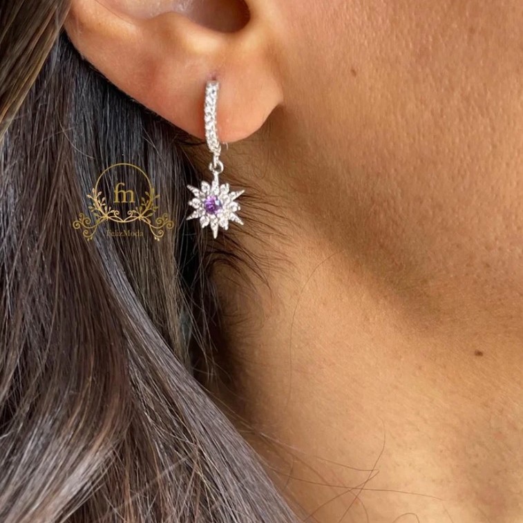 Purple stone flower silver earrings