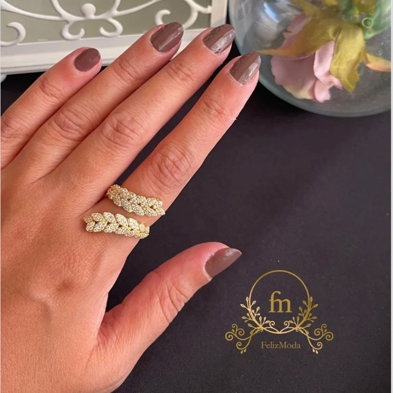 Shinny zircon stones leaves silver ring gold plated free size