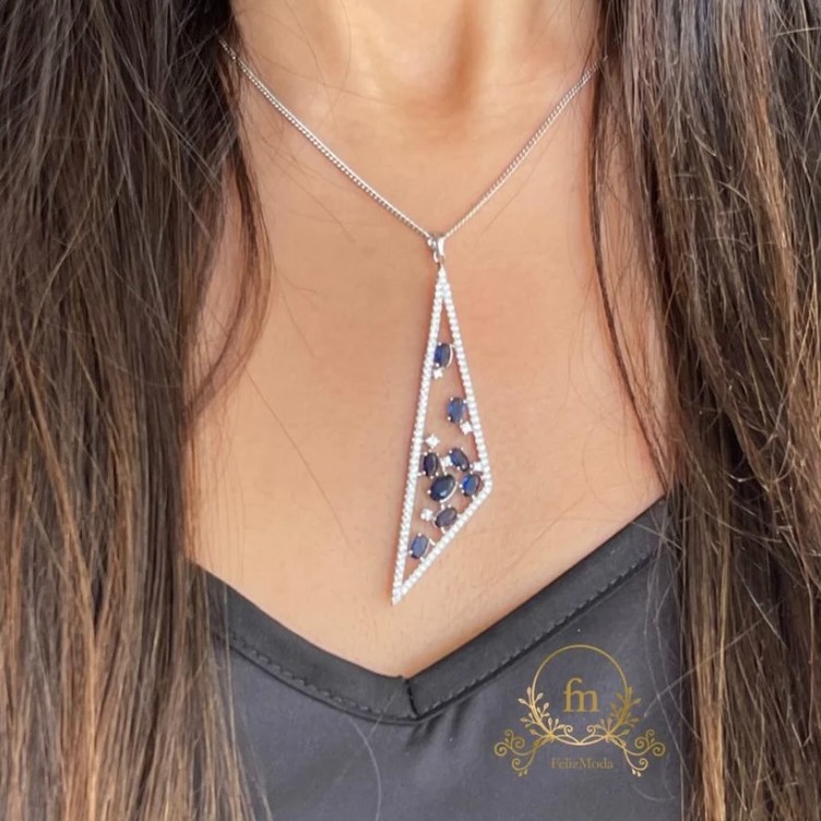Triangle shape silver necklace with blue and white zircon stones