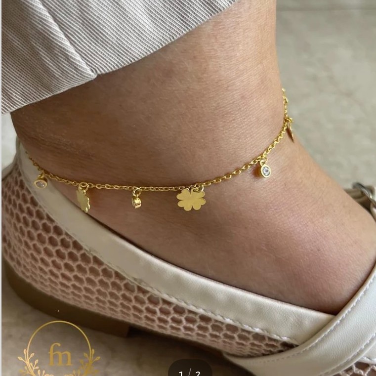 Multiple flowers and crystals silver anklet gold plated