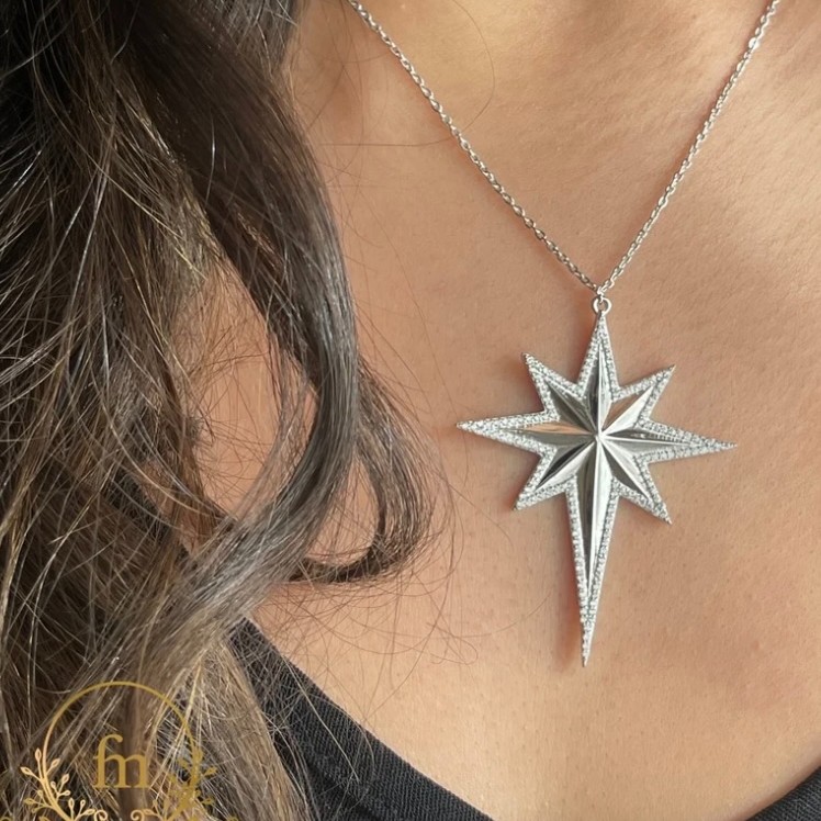 Large North star silver necklace