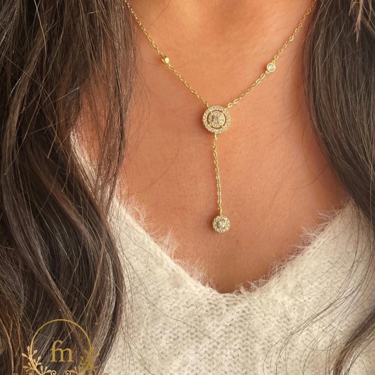 Long two round pendant zircon stones silver necklace gold plated