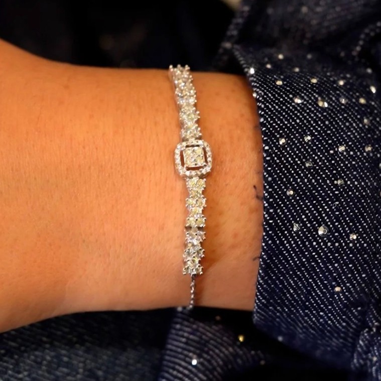 Square zircon stone with side stones silver bracelet