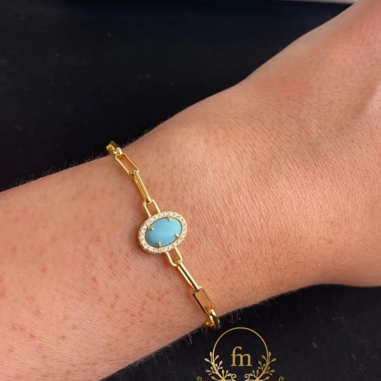 Connected chains oval Fayrouz stone silver bracelet gold plated
