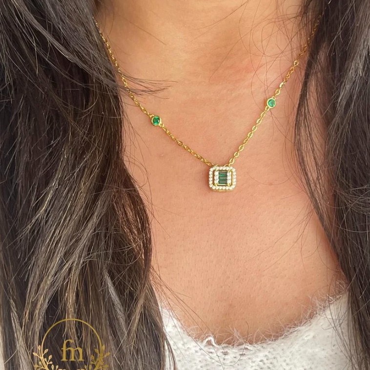 Square green zircon stones silver necklace with two side stones gold plated