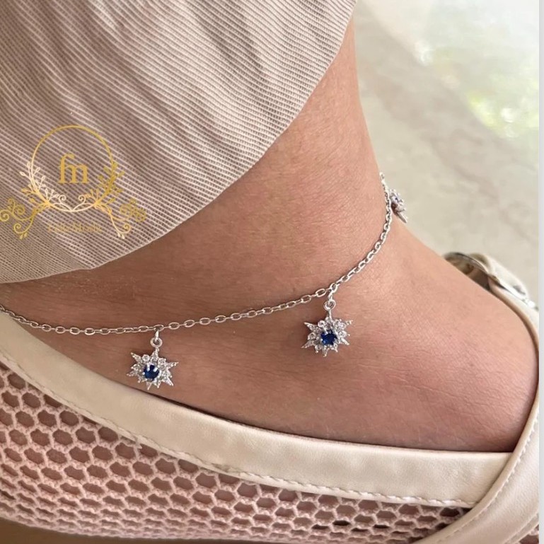 Blue flowers silver anklet