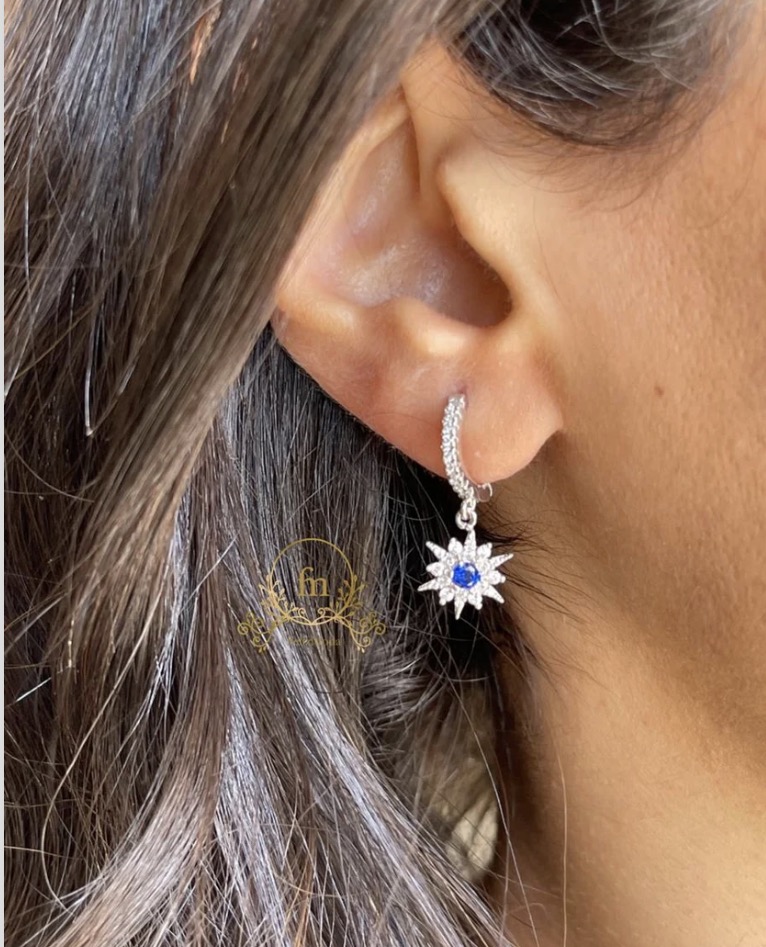 Blue stone flower silver earrings