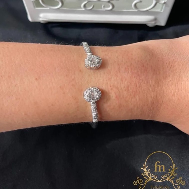 Two oval zircon stones with side stones silver bangle free size adjustable