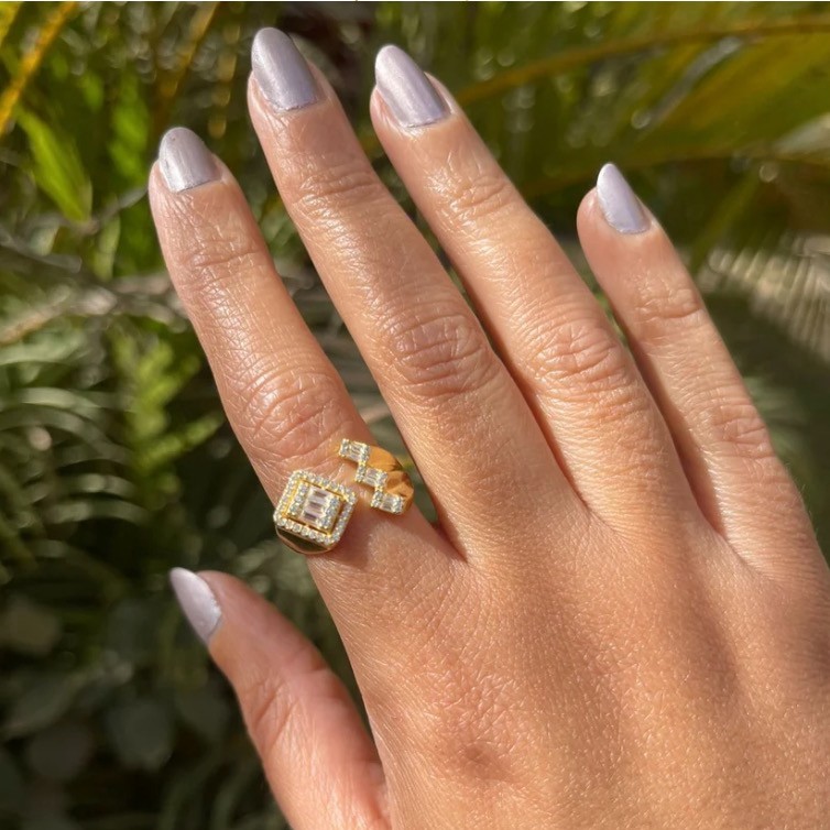 Square three zircon stones silver ring gold plated free size adjustable