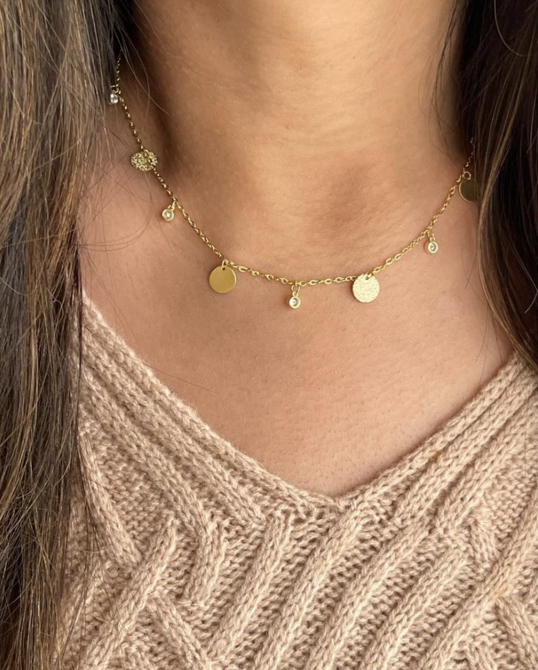 Multiple circles and crystals silver necklace gold plated
