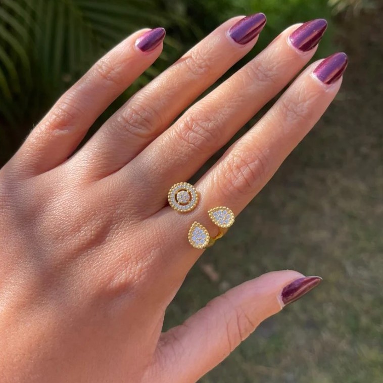 Two oval and round zircon stone silver ring free size gold plated