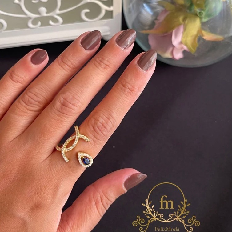 Blue eye silver ring with half circles free size gold plated