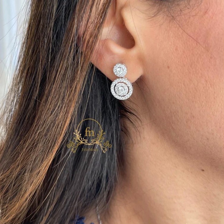 Two circles zircon stones silver earrings