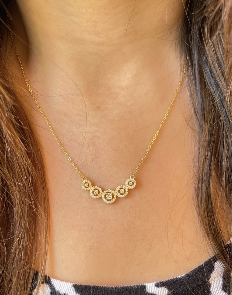 Five round zircon stones silver necklace gold plated