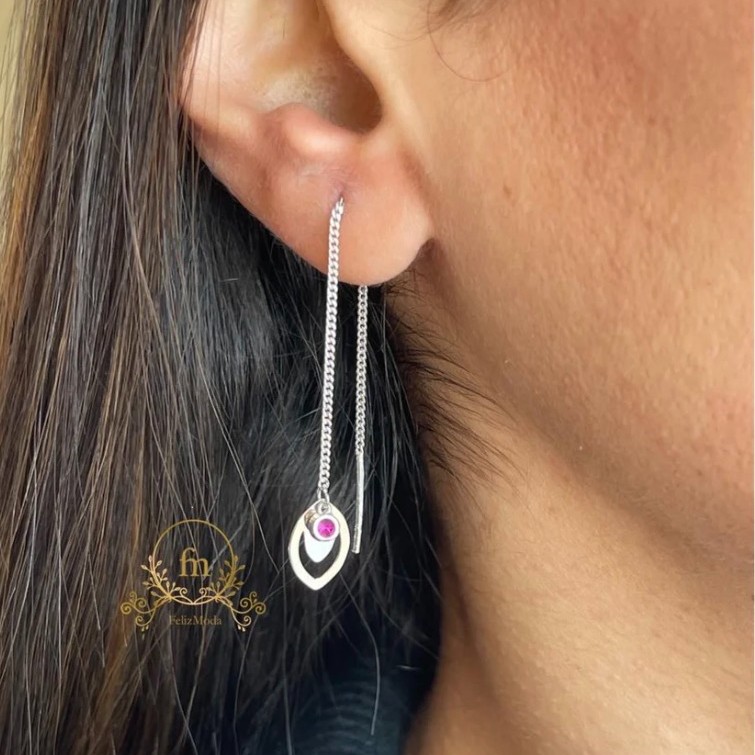 Silver earrings adjustable length with pink stone ( by piece )